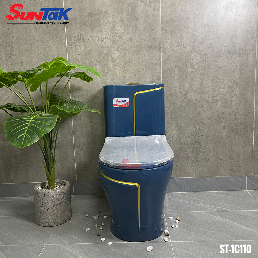 Bồn Cầu Màu Xanh 1 Khối Viền Vàng
