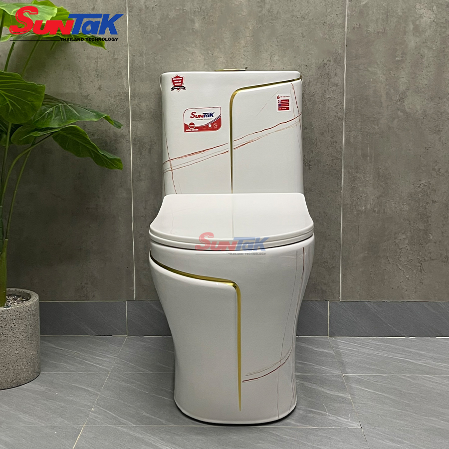 bồn cầu 1 khối trắng viền vàng