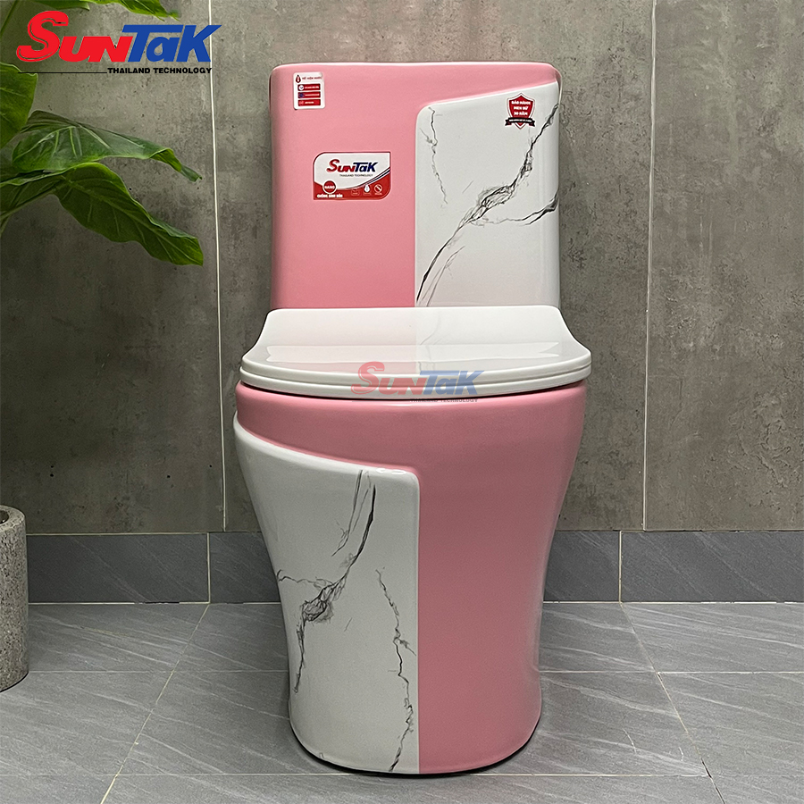 bồn cầu 1 khối vân đá hồng