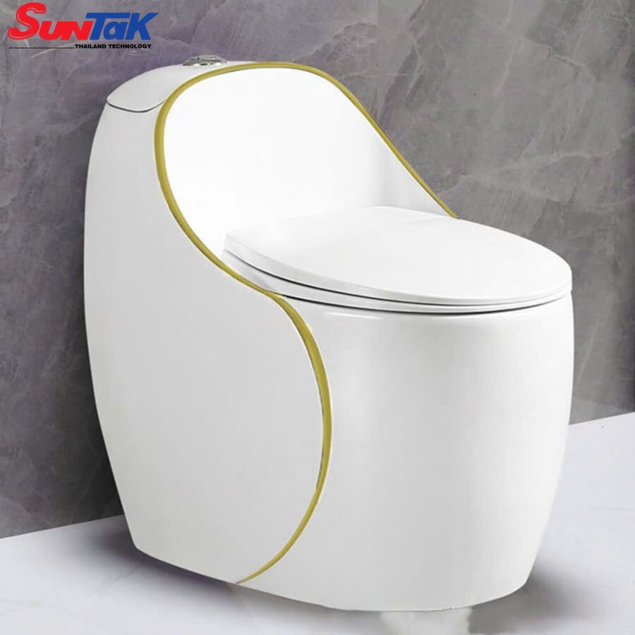Bồn Cầu Trứng Trắng Viền Vàng Thân Cao STBC-