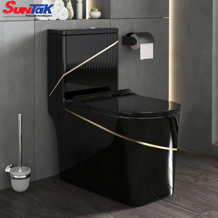 Bồn Cầu 1 Khối Đen Viền Vàng Nút Xả Lệch