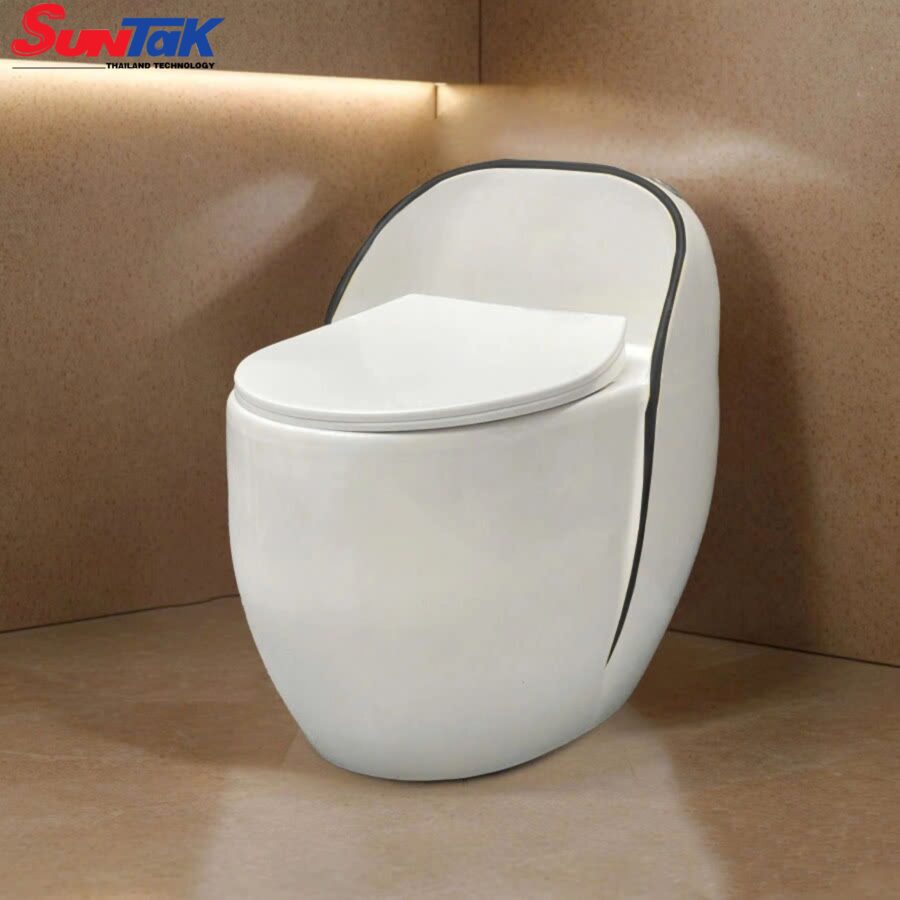 Bồn Cầu Trứng Trắng Viền Đen Nút Xả Lệch