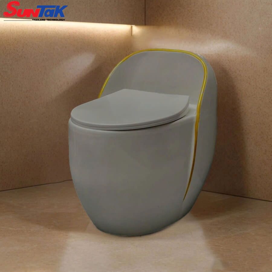 Bồn Cầu Trứng Xám Viền Vàng Nút Xả Lệch STBC-226