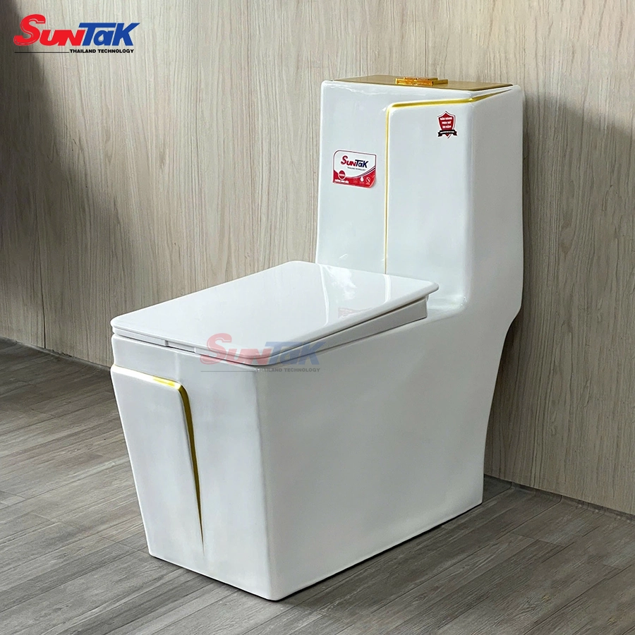 Bồn Cầu 1 Khối Trắng Viền Vàng Vuông ST-915