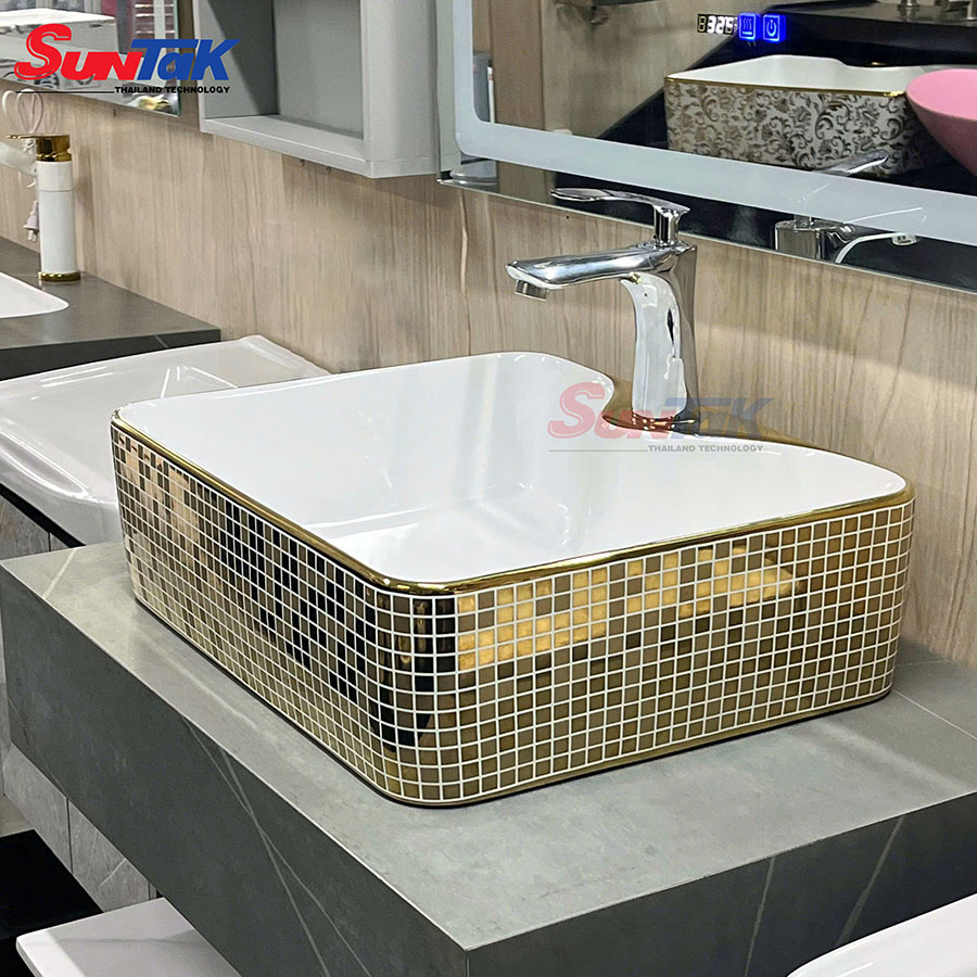 Lavabo Đặt Bàn Vuông Màu Trắng Caro Vàng MTLA-